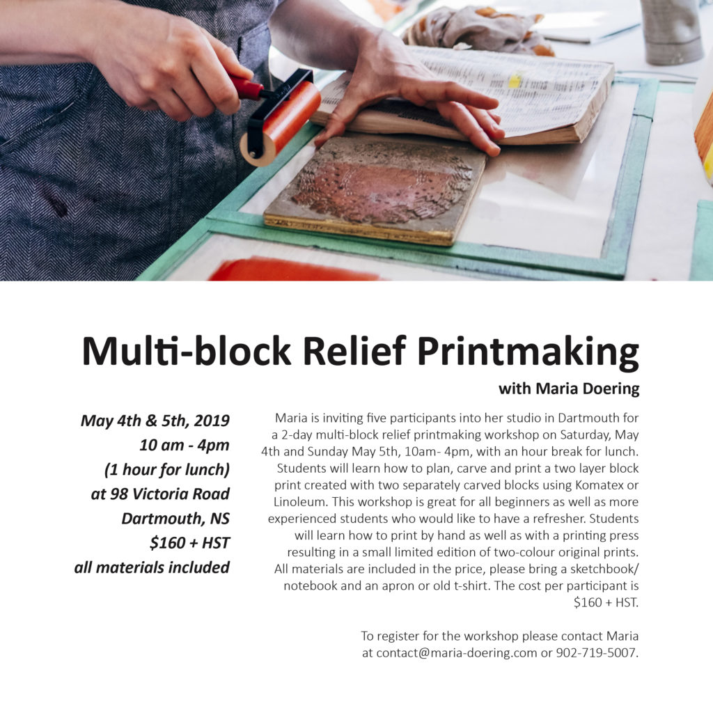 Maria teaches Relief Printmaking in her studio in Dartmouth 